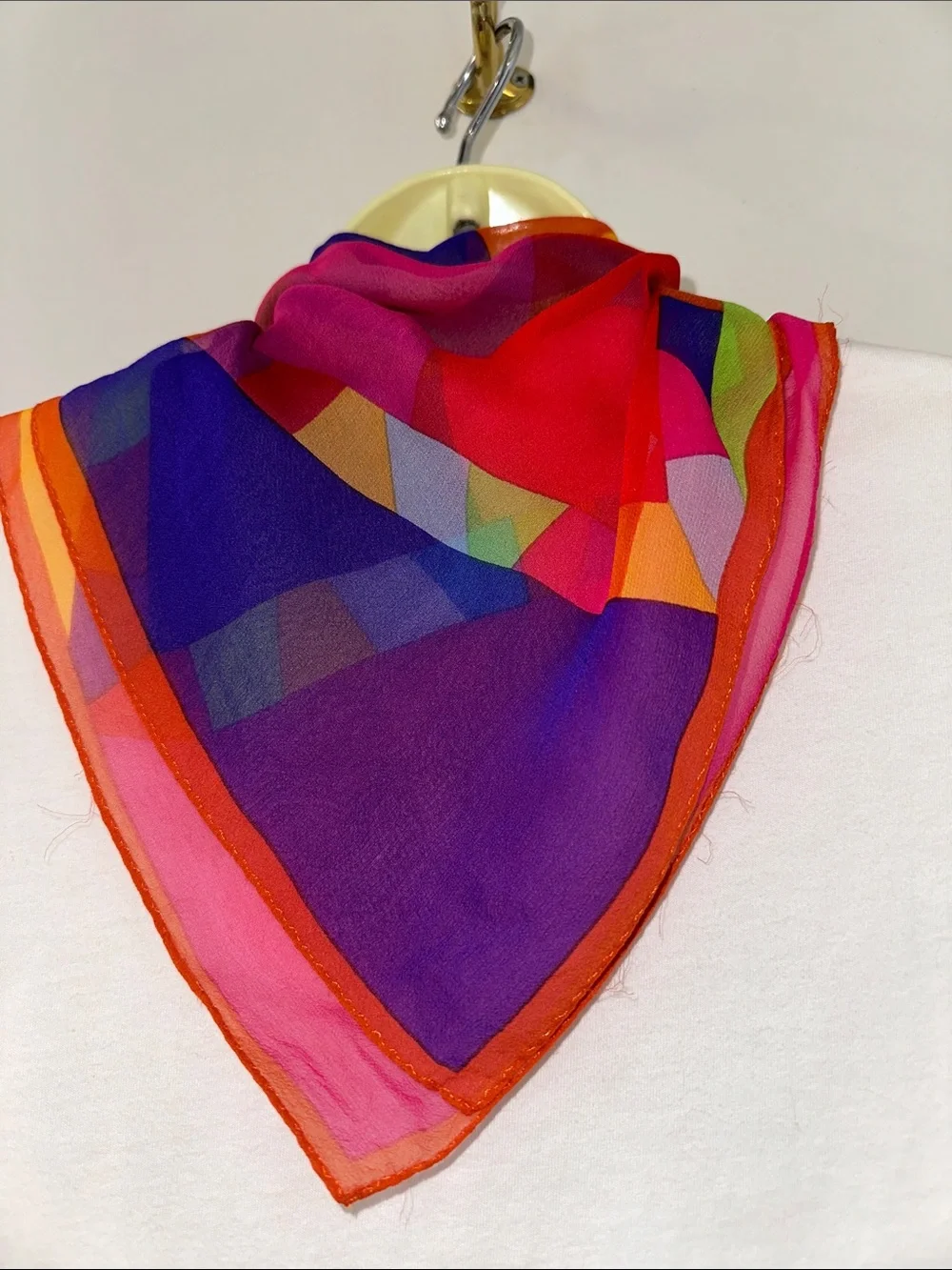 Vintage Bright Multicolor Geometric  Chiffon Scarf - Green, Orange, Blue &‎ Pink
